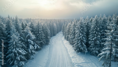 Aerial shot of a road with snow forest in the winter season
