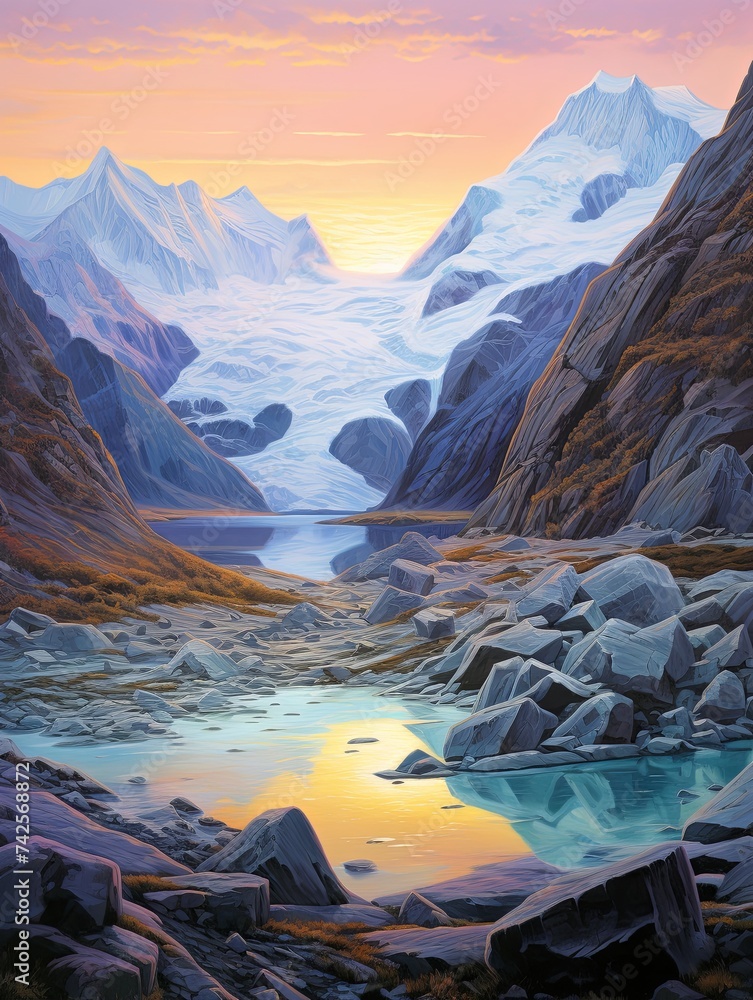 Sunset Over Glacier in Glacial Mountain Passes: Twilight Landscape Scenic Prints