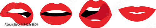 Female lips set. Lips with red lipstick color. Diverse form and expression. Biting lip, opened mouth, lips with tongue, smiling lips. Isolated. Fashion, social media decoration, stickers.