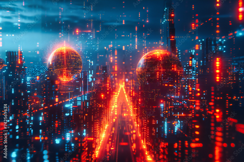 Futuristic cityscape with digital connections, illustrating the fast-paced energy and interconnectedness of modern urban life