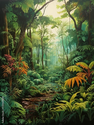 Lush Tropical Rainforest Canopies Acrylic Landscape Artistry  Vintage Meadow Painting