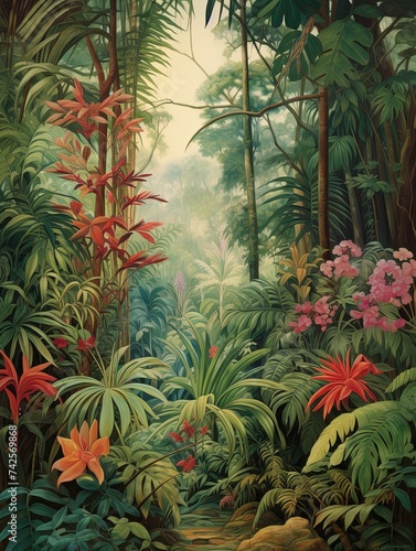 Vintage Painting of Lush Tropical Rainforest Canopies - Botanical Garden Scene Wall Art