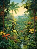 Vintage Coastal Rainforest Canopies Art Print: Lush Island Painting