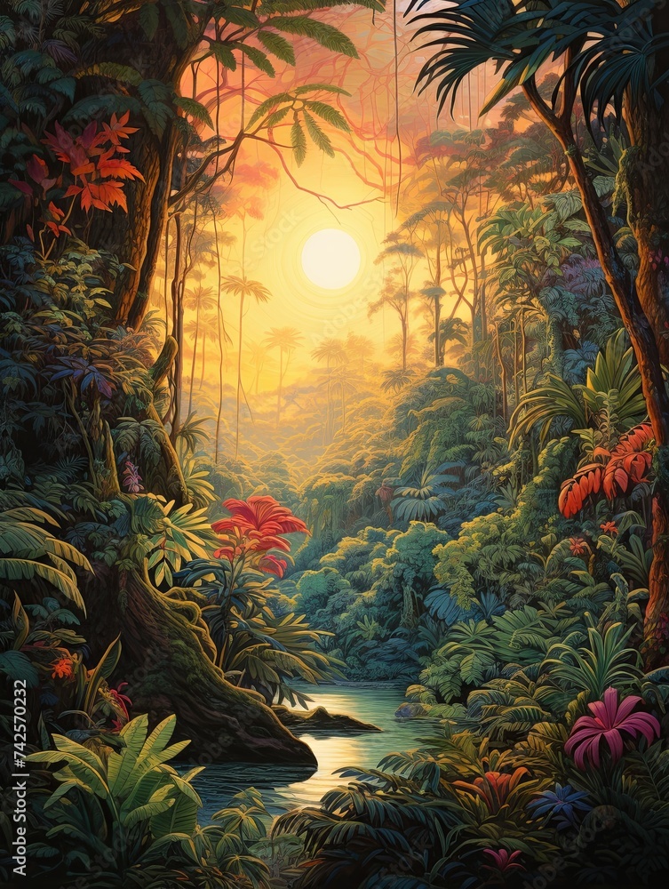 Golden Hour Art: Lush Tropical Rainforest Canopies at Dawn in Vintage Painting