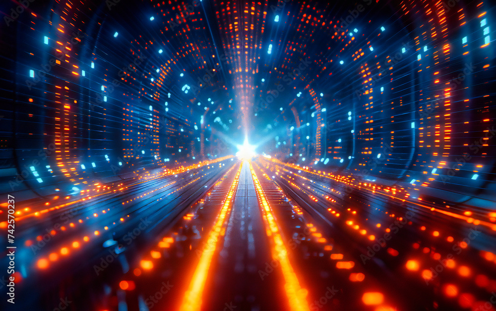 Futuristic blue tunnel with glowing lines, symbolizing speed and digital progression in a science fiction setting
