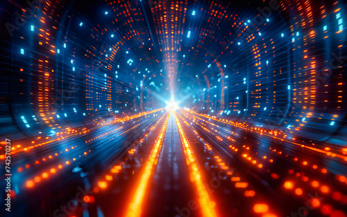 Futuristic blue tunnel with glowing lines, symbolizing speed and digital progression in a science fiction setting