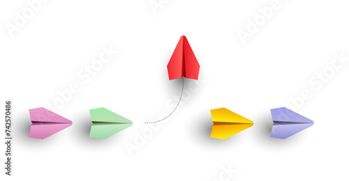 Individuality concept. Individual and unique leader paper plane flies to the side