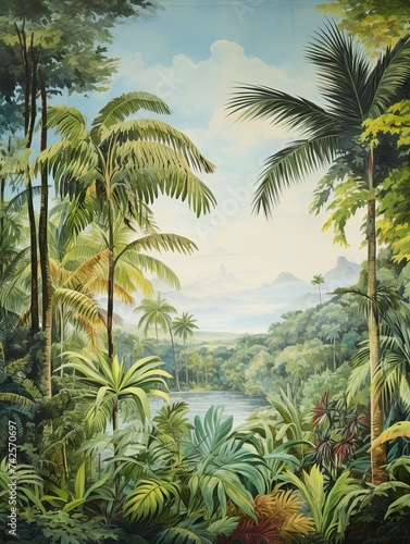 Tropical Beach Art: Lush Tropical Rainforest Canopies Vintage Painting Ocean Wall Decor