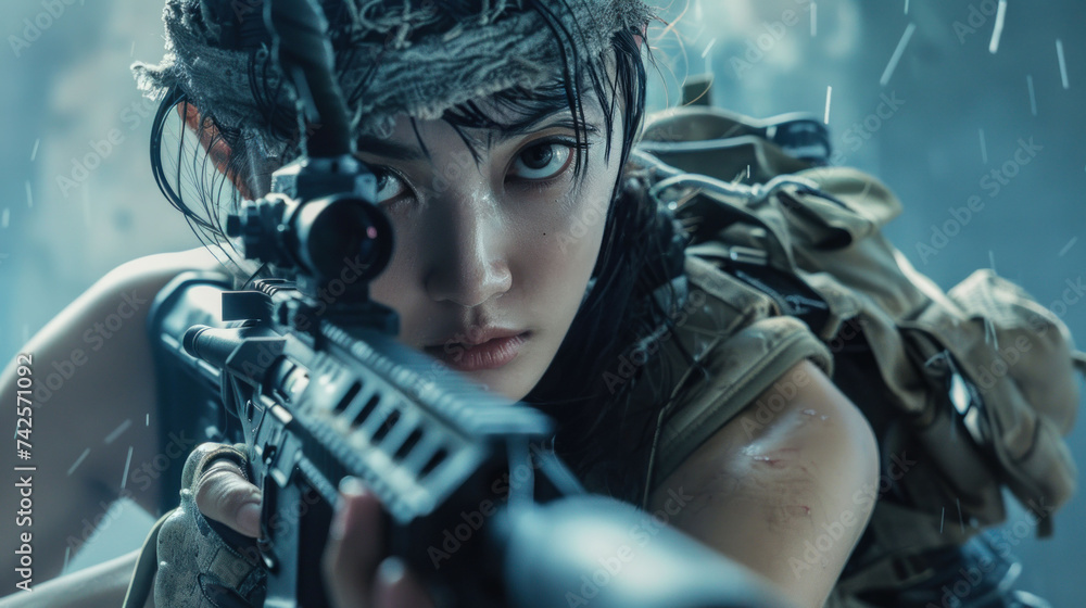 Asian beautiful girl commando looks into the optics of an assault rifle in the rain, with a backpack on her back Asian beautiful girl commando looks into the optics of an assault rifle in the rain, with a backpack on her back