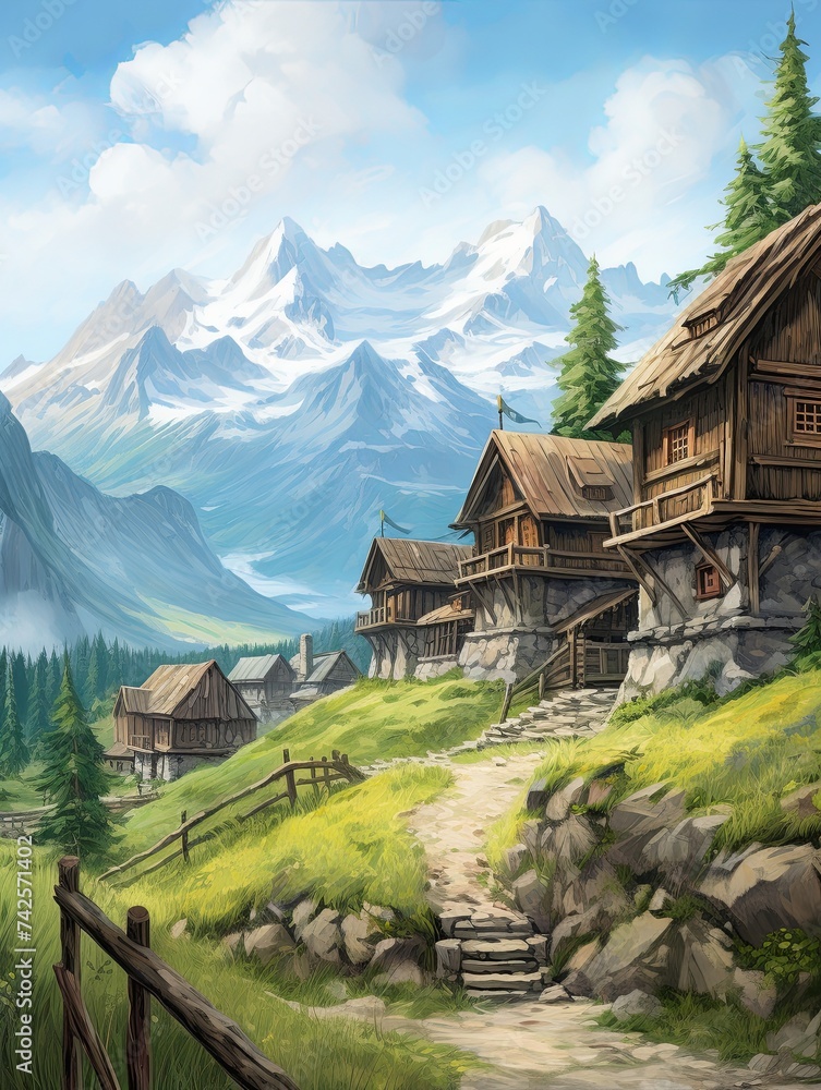 Quaint Alpine Villages Canvas Print - Mountain Homes Rustic Landscape Wall Decor