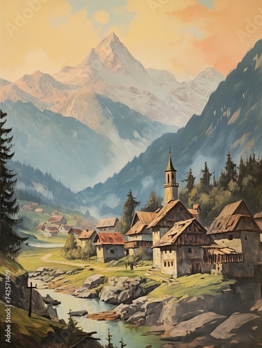 Vintage Morning in Alpine Villages Painting  Dawn Serenity