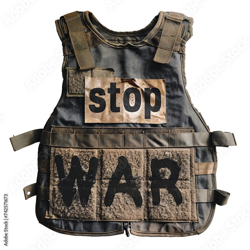 stop war written on a bulletproof vest, PNG image, no background photo