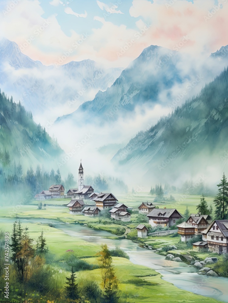 Quaint Alpine Villages Morning Mist Painting: Fresh Village Awakens Nature Artwork