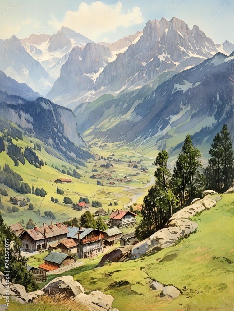 Vintage Alpine Villages High Altitude Landscape Art Print - Quaint Mountain Scene