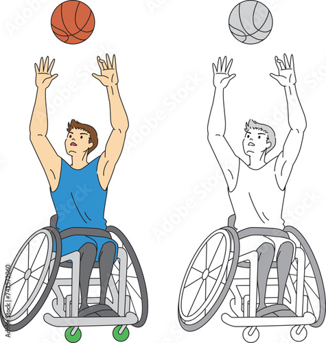 車いすバスケ（男性選手）のイラストセット／Illustration set of wheelchair basketball (male player)