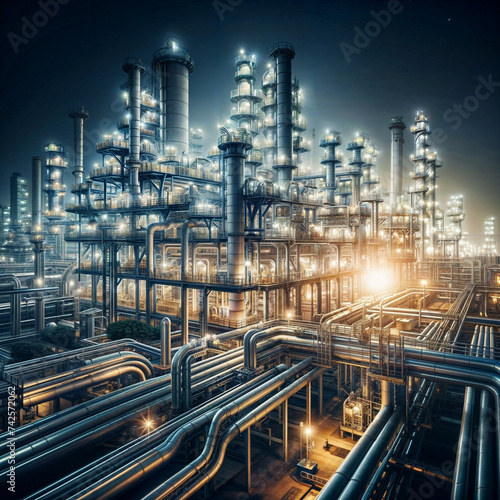 Industrial factory background with pipes at night