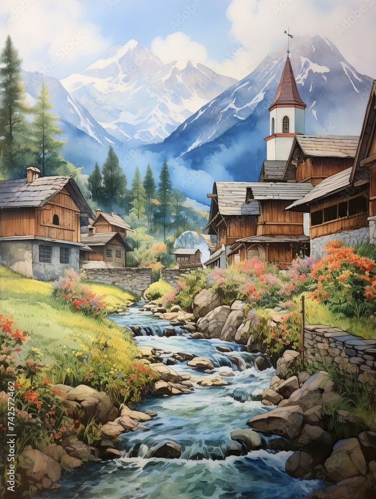 Vintage Painting of Quaint Alpine Villages: serene stream and brook art