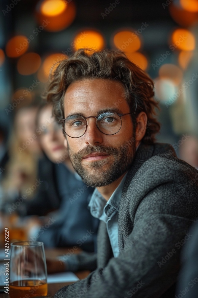 A cheerful businessman relaxing in the evening at a counter, enjoying a beer and contemplating success. A cheerful businessman relaxing in the evening at a counter, enjoying a beer and contemplating success.