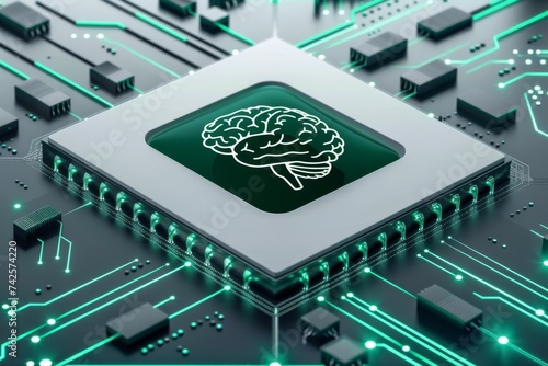 AI Brain Chip trend. Artificial Intelligence computing mind application specific integrated circuit axon. Semiconductor mask circuit board superscalar execution photo