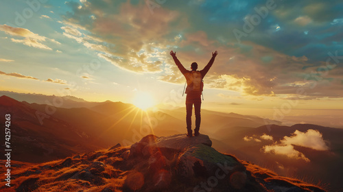 Man with arms up celebrating on top of the mountain.