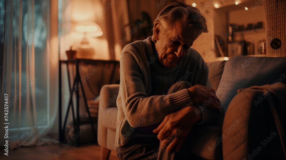 Elderly man experiencing knee pain at home alone Elderly man experiencing knee pain at home alone