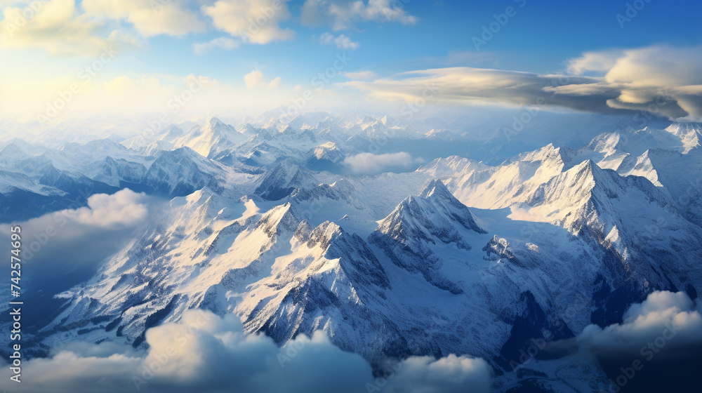 Aerial View of Snow Covered Mountain Landscape in Winter. Colorful Pink Sky Aerial View of Snow Covered Mountain Landscape in Winter. Colorful Pink Sky
