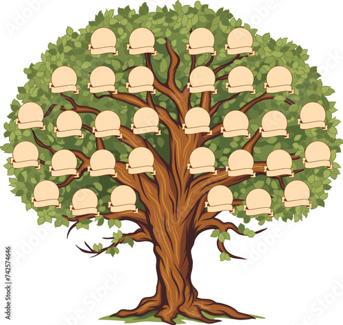 Genealogy family tree or ancestry history branch with frames for photo, vector template. Family tree with blank picture and name ribbons with parents relationship connection for generation genealogy