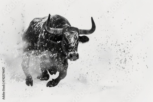 Bull running through the snow, black and white.
