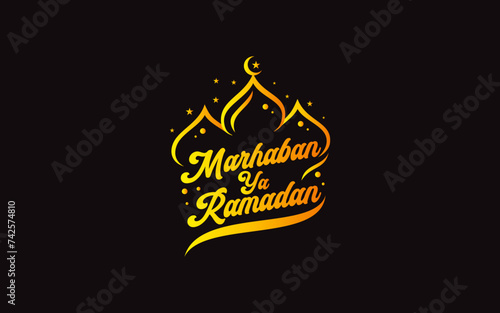 Illustration vector graphic of Marhaban ya Ramadan calligraphy. Handwritten greeting card design template
