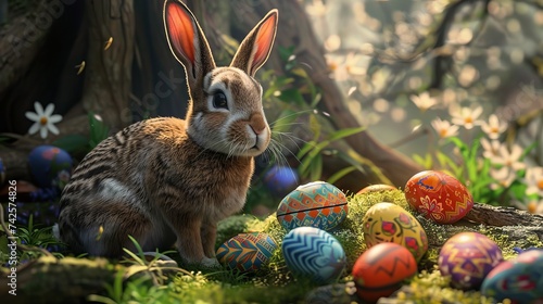Easter celebration with a fluffy rabbit and decorated eggs in a sunny garden