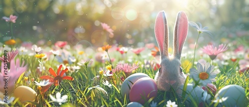 Colorful Easter eggs and bunny ears on green grass with spring flowers, copy space for text, festive background for Easter holiday celebration