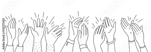 Doodle applause hands silhouettes. People clapping hands, vector outline audience of men and women raising arms and making applause. Fun, party, celebration or greetings, bravo and ovation concept photo