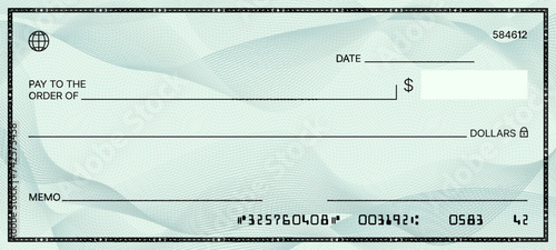 Blank bank check. Checkbook cheque template. Vector document with empty fields for personal and financial information, allowing users to create customized checks for Secure financial transactions