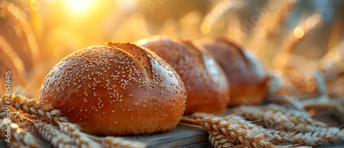 Bread on table in wheat field.