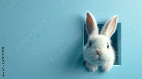 Cute Easter bunny peeking out of a blue wall with copy space. 3D illustration of a festive holiday concept.