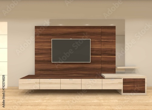 Rustic Television Cabinet Design with Wooden Panel Background