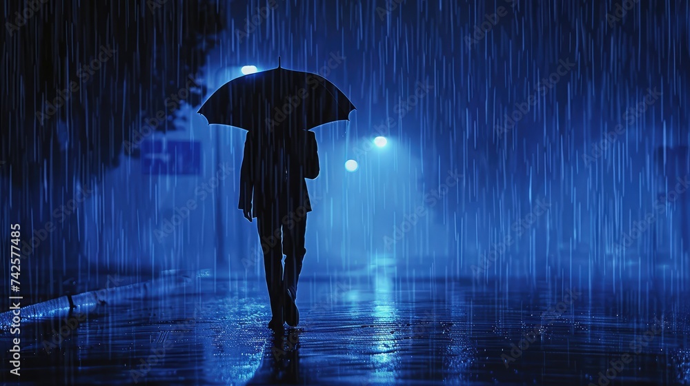 Man walking alone wearing an umbrella in the rain at night, AI generated Image