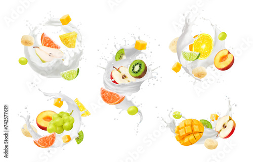 Realistic yogurt drink splash, milk swirl and wave with tropical fruits, isolated vector. Yoghurt drink flow spill with mango, kiwi and banana, grape, pear or pineapple and banana for yoghurt drink