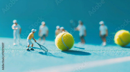 Tennis ball surrounding by group of miniature tennis player on blue court, tennis lover concept © angyim