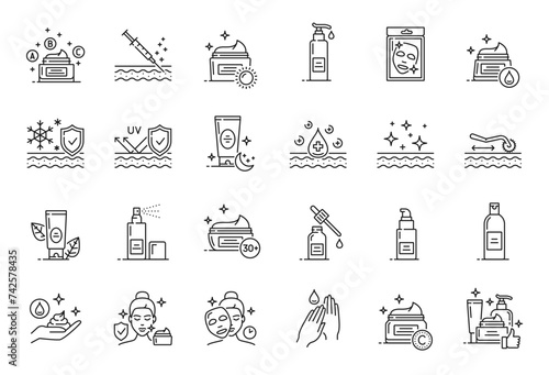 Face and hands skin care icons of vector beauty, cosmetic and dermatology treatments. Thin line cream, lotion, collagen mask and serum drops, gel, oil, foam cleanser, scrub and sunscreen bottles, jars