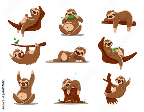 Cartoon sloth characters. Cute lazy animals vector personages hanging and climbing on rainforest jungle tree branches. Funny sloths eating leaves, drinking coffee, reading book and resting on stump