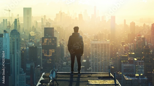 Man's back on top of building looking at view of city buildings in bright daylight, AI generated Image
