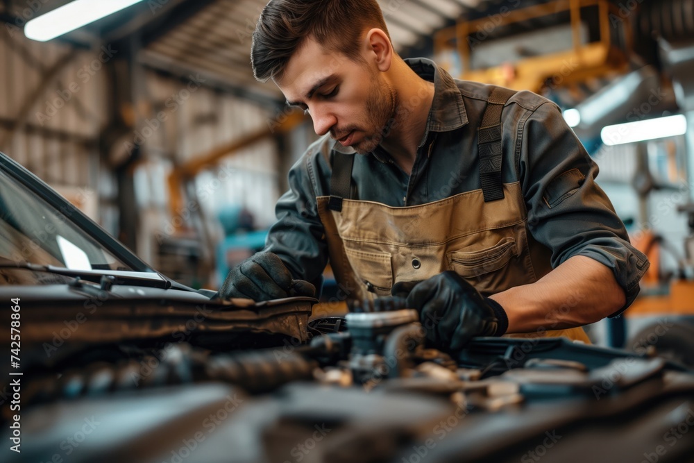 Caucasian man fixing car in a workshop Caucasian man fixing car in a workshop