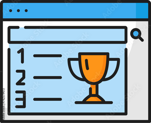 Top search. CDN. Content delivery network icon, web portal data or Internet content search outline vector symbol, CDN thin line sign with webpage search window and golden cup