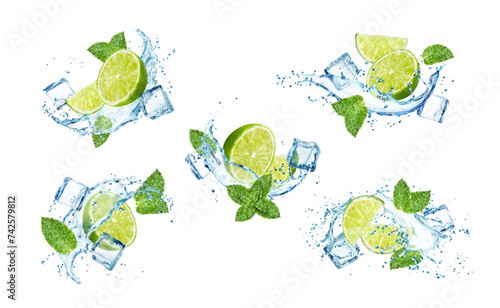 Mojito ice cubes, lime fruits in realistic splash and mint leaves, isolated vector. Mojito drink, soda water or lemonade with lime fruits and ice cubes explosion in splashing blue water swirl