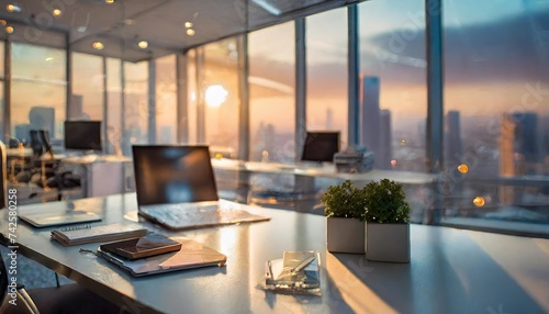 Office with city view, many windows, sunset, desk, chair, building fixtures photo