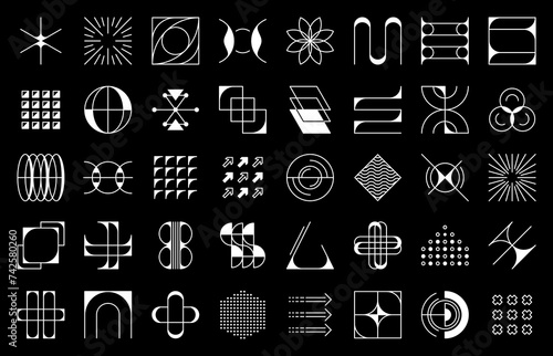 Brutalism futuristic abstract shapes, geometric figures and elements, monochrome vector set. Surreal brutalist forms create an avant-garde visual narrative, pushing the boundaries of design innovation