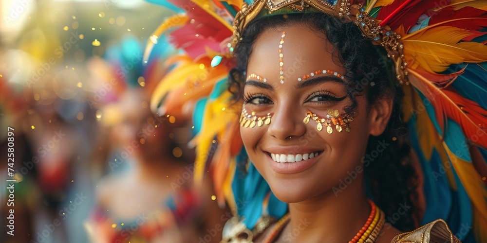 A fancy carnival portrait featuring a black woman in an ornate costume with feathers and a wreath.