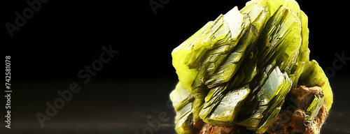 Autunite is a rare precious natural stone on a black background. AI generated. Header banner mockup with space. photo