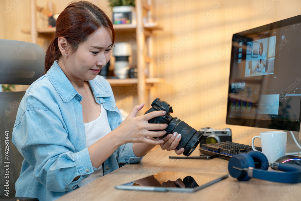 Young woman woking video editor in studio Young woman woking video editor in studio